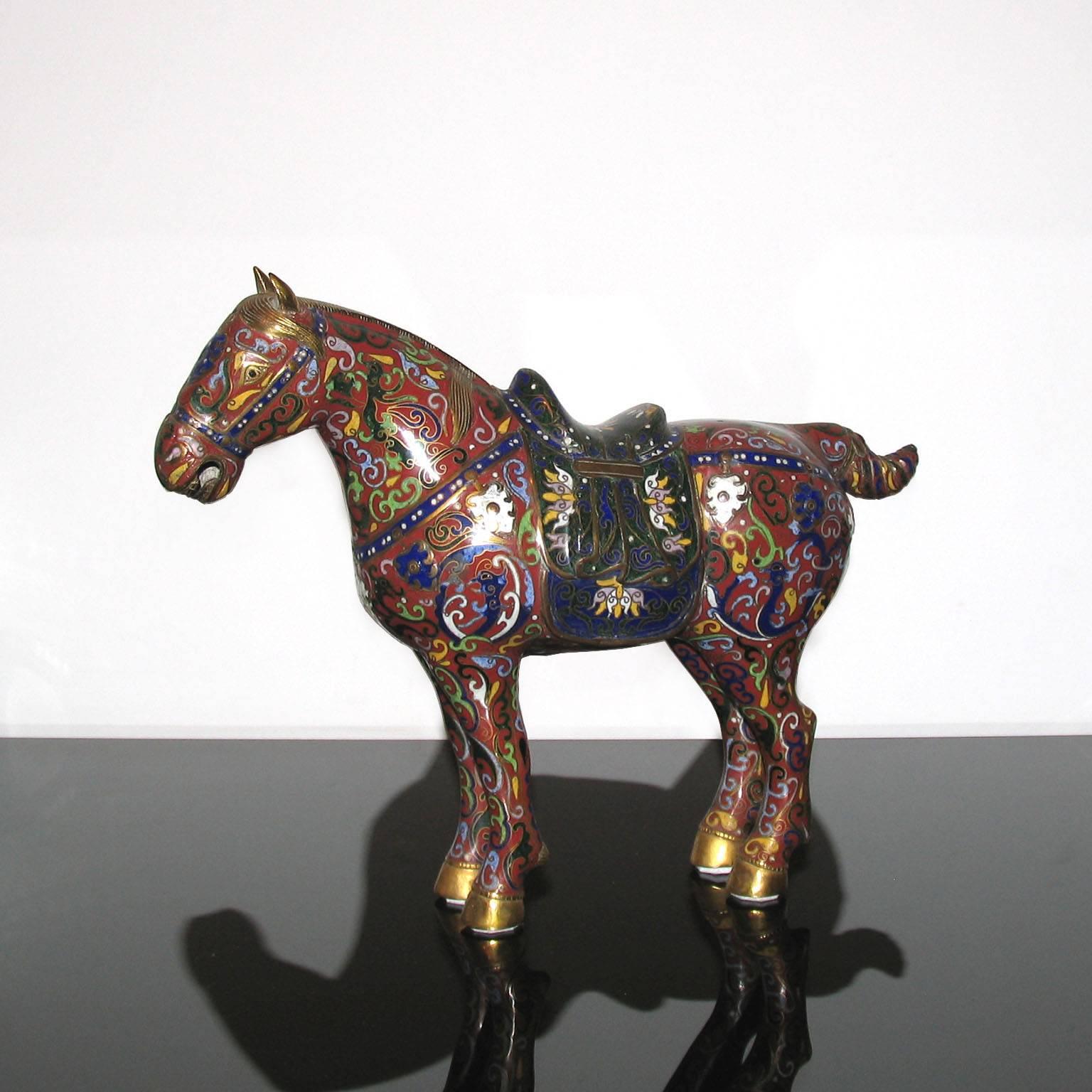 handcrafted in floral patterns over a gilded metal background Pair of Old Chinese Cloisonné Horse Figurines