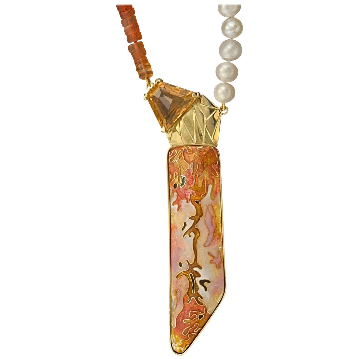 Cloisonne Enamel 24, 22 and 18 Karat Yellow Gold Citrine Pendant