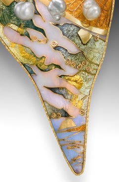 Cloisonné Enamel 24, 22 Karat Gold, Keshi Pearls Brooch