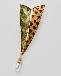 Cloisonné Enamel, 24 and 22 Karat Gold, Silver, South Sea Pearl Brooch