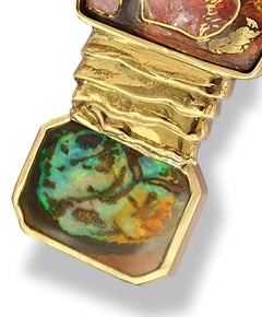 Cloisonne Enamel 24 and 22 Karat Yellow Gold Boulder Opal Brooch