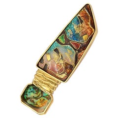 Cloisonne Enamel 24 and 22 Karat Yellow Gold Boulder Opal Brooch