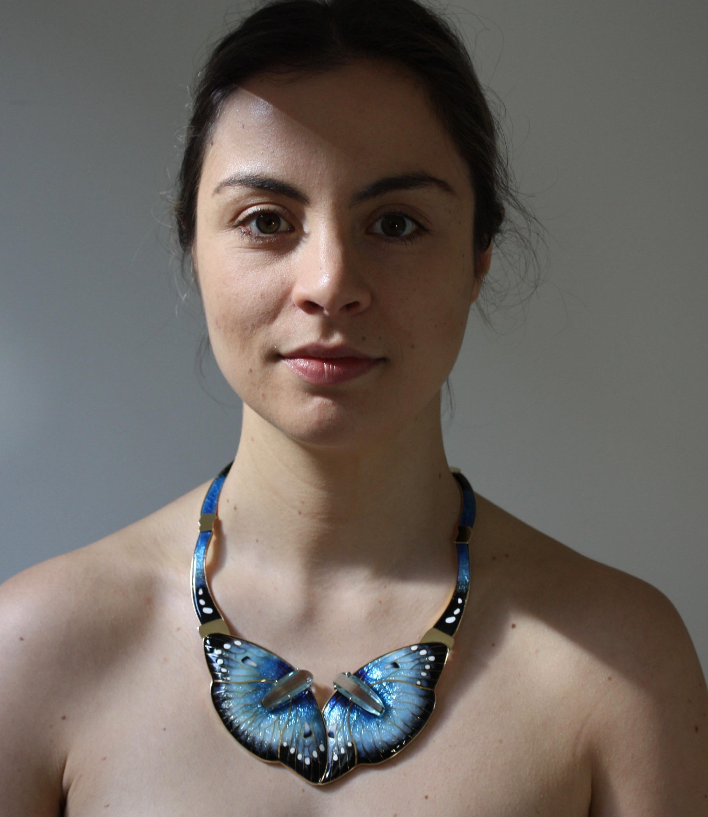 Contemporary Cloisonne Enamel 24 and 22 Karat Yellow Gold with Blue Quartz Necklace For Sale