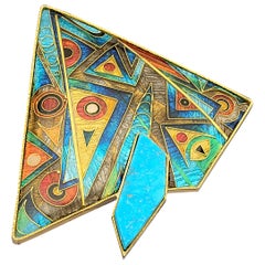 Cloisonne Enamel 24 and 22 Karat Yellow Gold with Turquoise Brooch