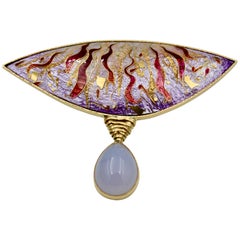 Cloisonné Enamel, 24, 22 and 18 Karat Gold, Pear Shaped Chalcedony, Brooch