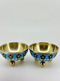 Cloisonné Enamel 916 Silver Soviet (Russian) Salt & Pepper Cellars, c1963