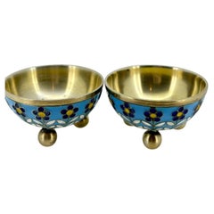 Cloisonné Enamel 916 Silver Soviet (Russian) Salt & Pepper Cellars, c1963