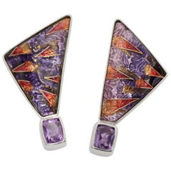 Cloisonné Enamel and Amethyst Earrings in set Sterling Silver