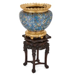 Cloisonné Enamel and Gilt Bronze Jardinière on Ebonized Teak Stand