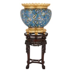 Antique Cloisonné Enamel and Gilt Bronze Jardinière on Ebonized Teak Stand