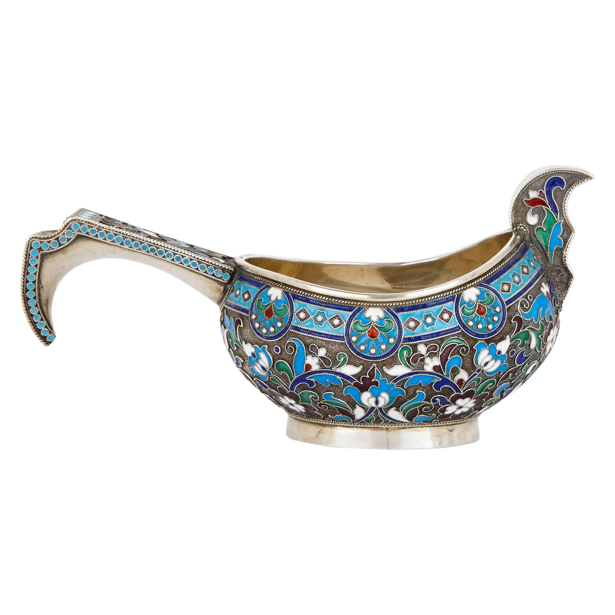 Cloisonné Enamel and Silver Russian Kovsh For Sale