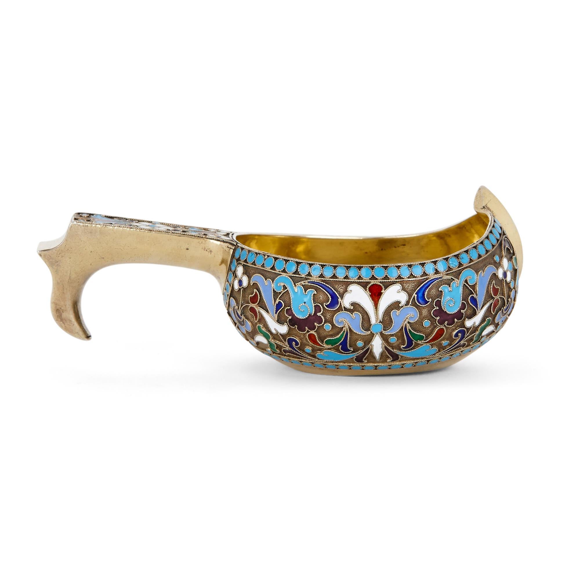 Originally produced as a functional vessel, a Kovsh is now purely ornamental—and was an ornament, a device to demonstrate the skill of the artisan, during the early 20th century when this piece was produced. This Kovsh is traditionally shaped, with