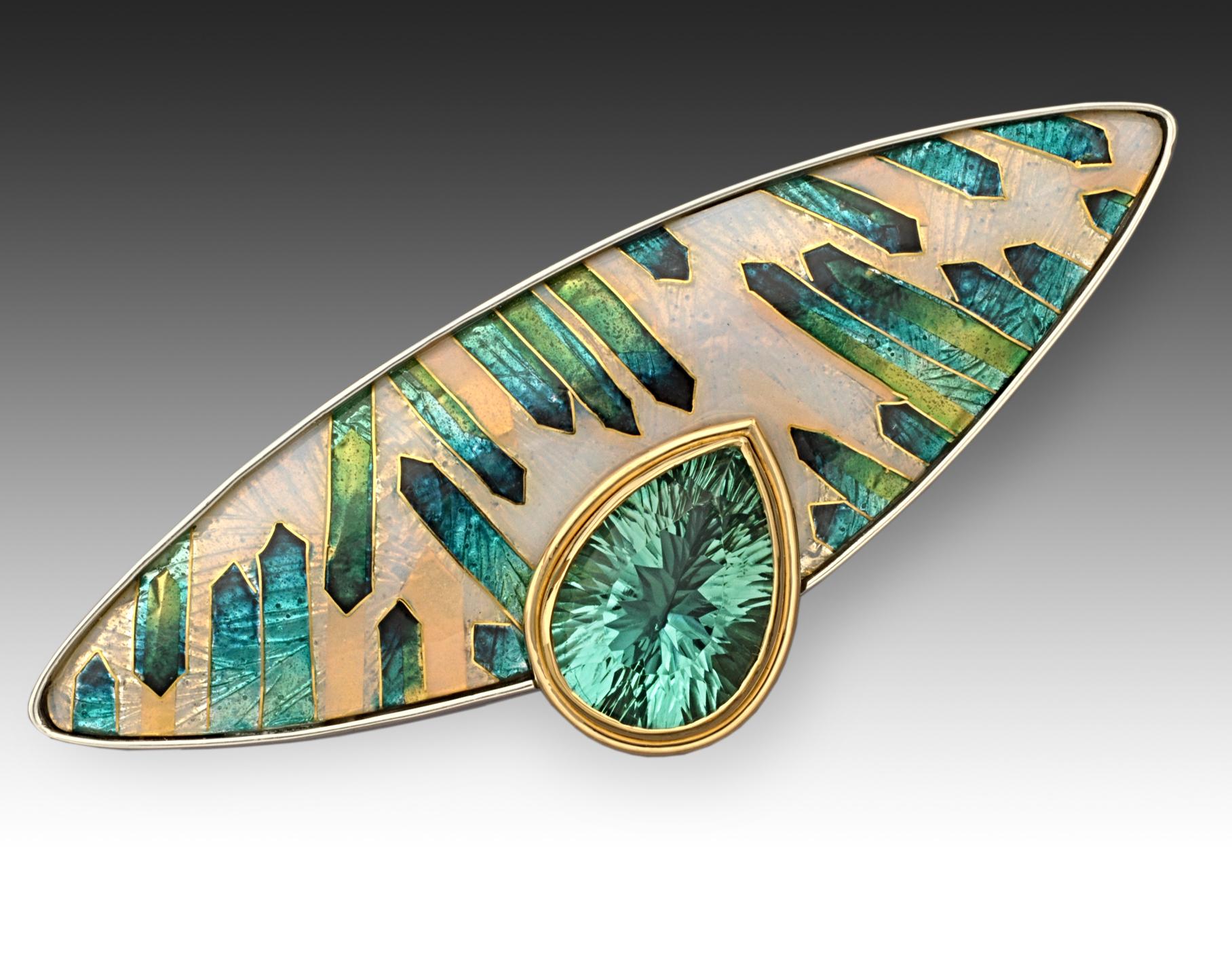 Contemporary Cloisonne Enamel Appetite in 24 Karat Yellow Gold Sterling Silver Brooch For Sale