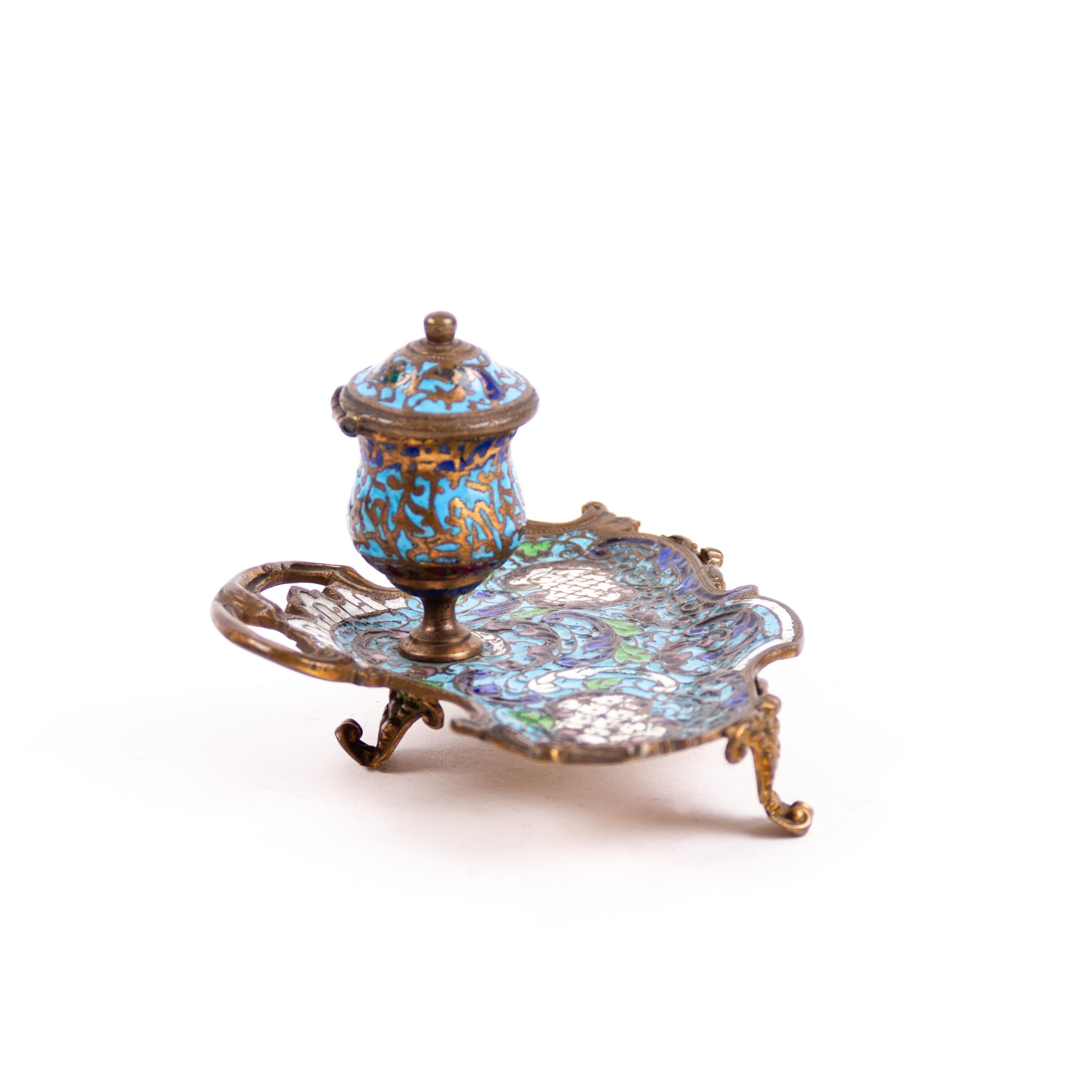 Cloisonne Enamel Bronze French Inkwell 19th Century  In Good Condition For Sale In Nottingham, GB