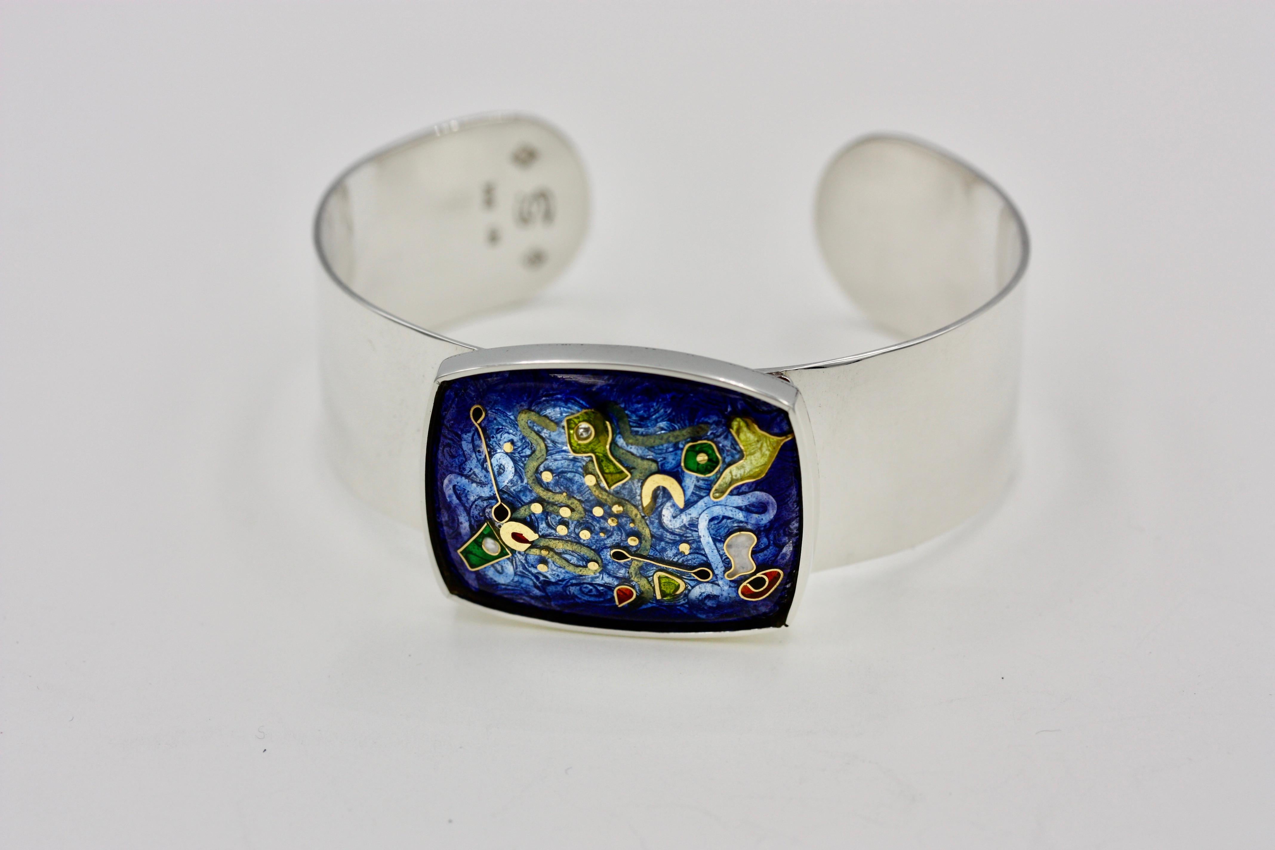 Contemporary Cloisonné Enamel Cuff in Sterling Silver with 24k Gold Inlay For Sale