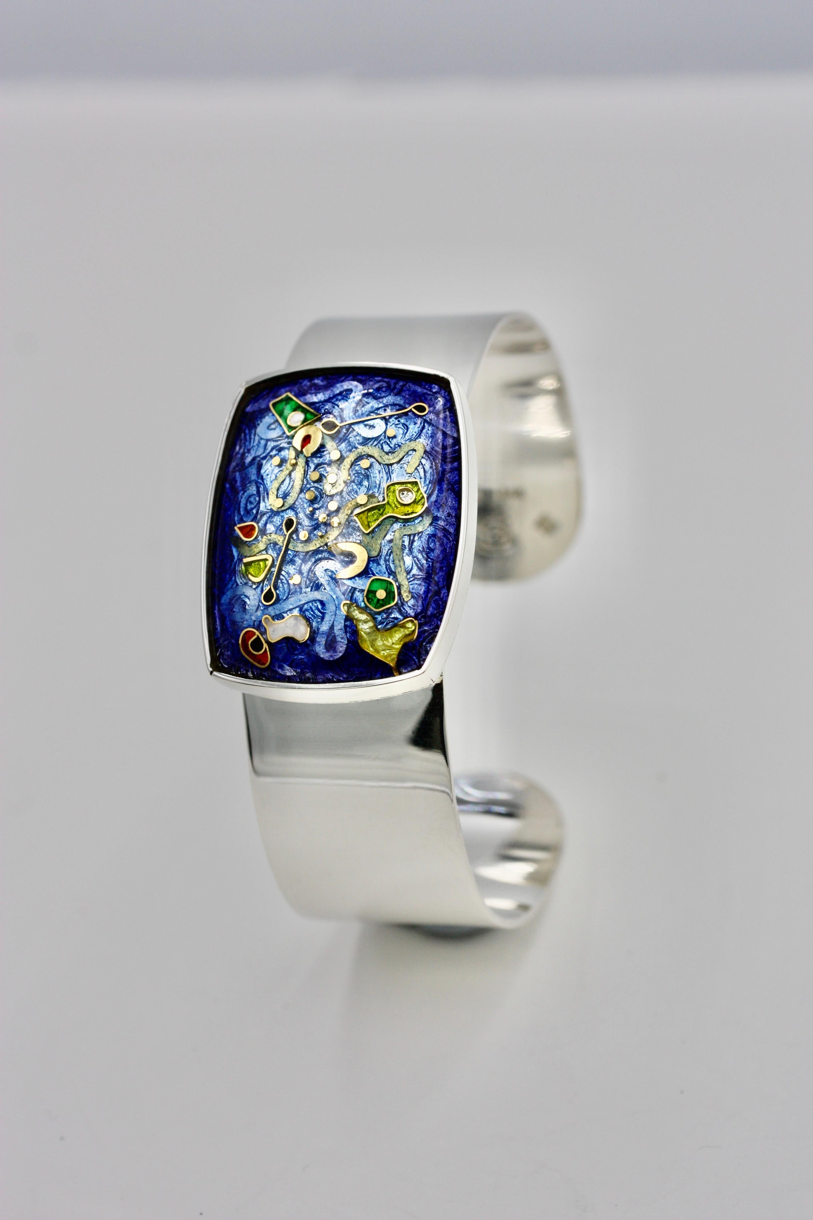 Women's Cloisonné Enamel Cuff in Sterling Silver with 24k Gold Inlay For Sale