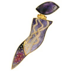 Cloisonné Enamel in 18, 22 and 24 Karat Gold, Silver and Amethyst Brooch