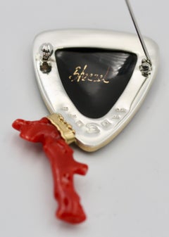 Cloisonné Enamel in 24 and 22 Karat Yellow Gold and Red Coral Brooch