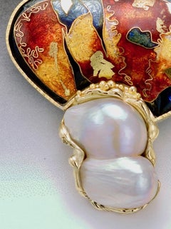 Cloisonné Enamel in 24 and 22 Karat Yellow Gold Pearl Brooch