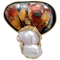 Cloisonné Enamel in 24 and 22 Karat Yellow Gold Pearl Brooch