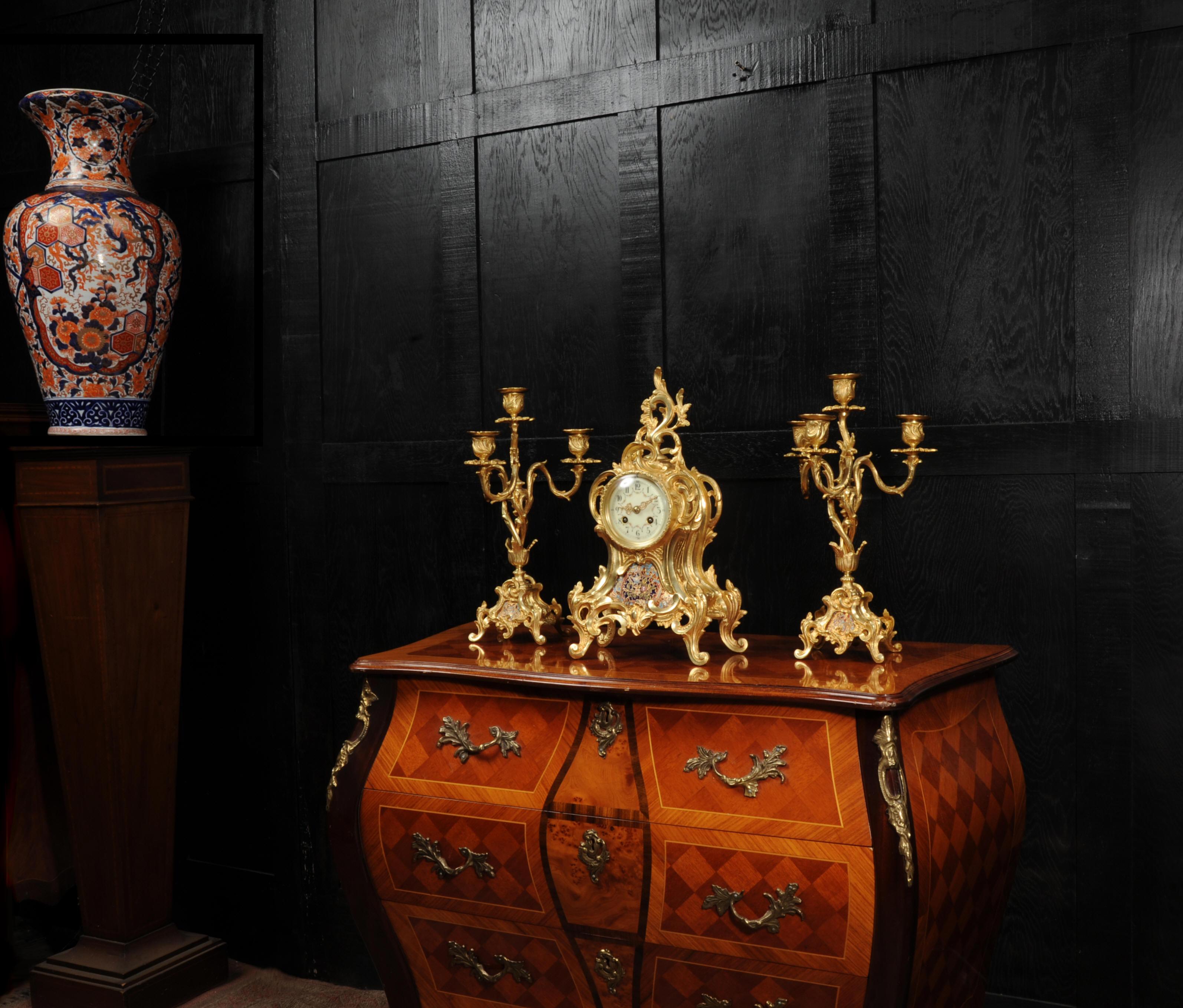 Cloisonné Enamel Mounted Antique French Gilt Bronze Clock Set 4