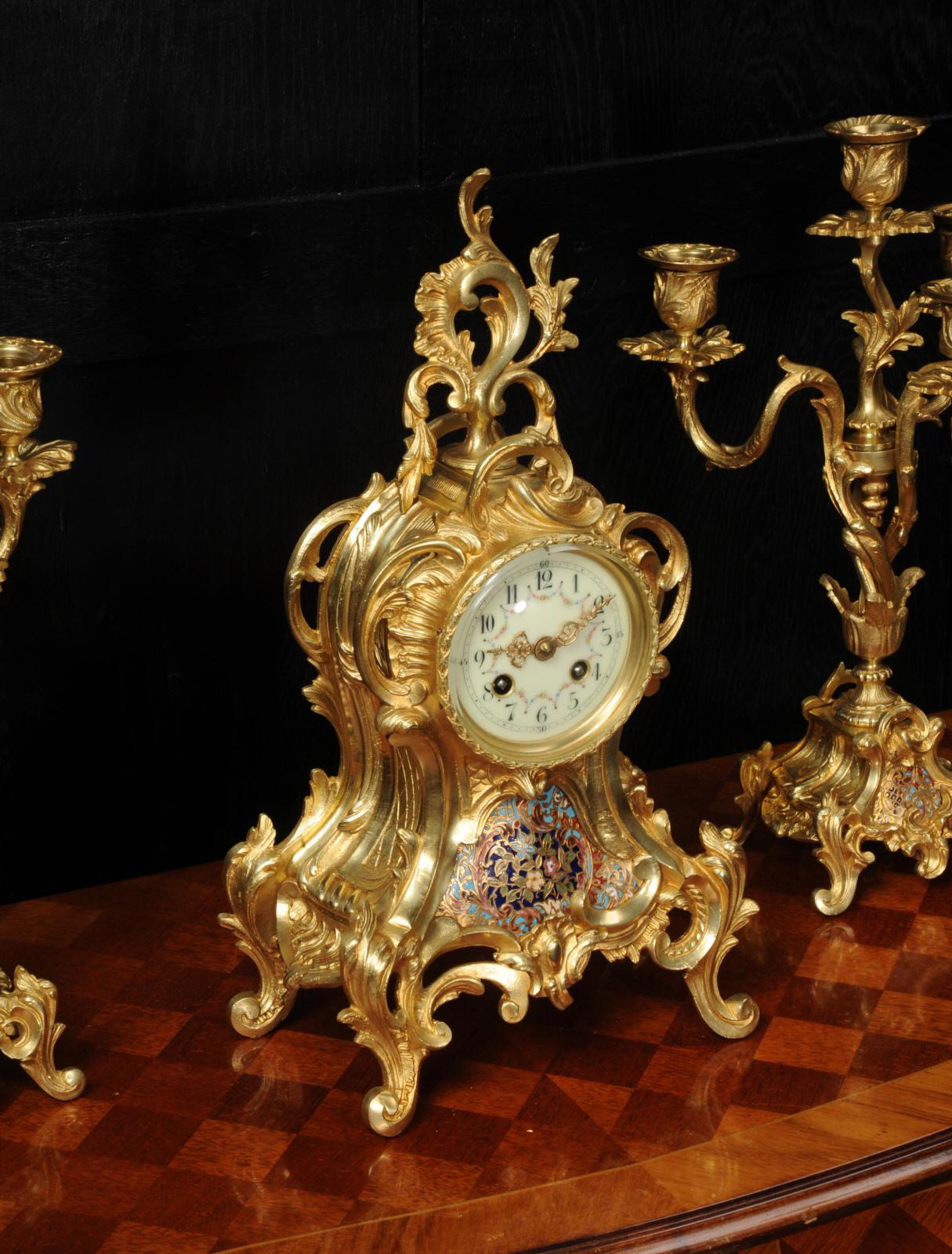 Cloisonné Enamel Mounted Antique French Gilt Bronze Clock Set 5