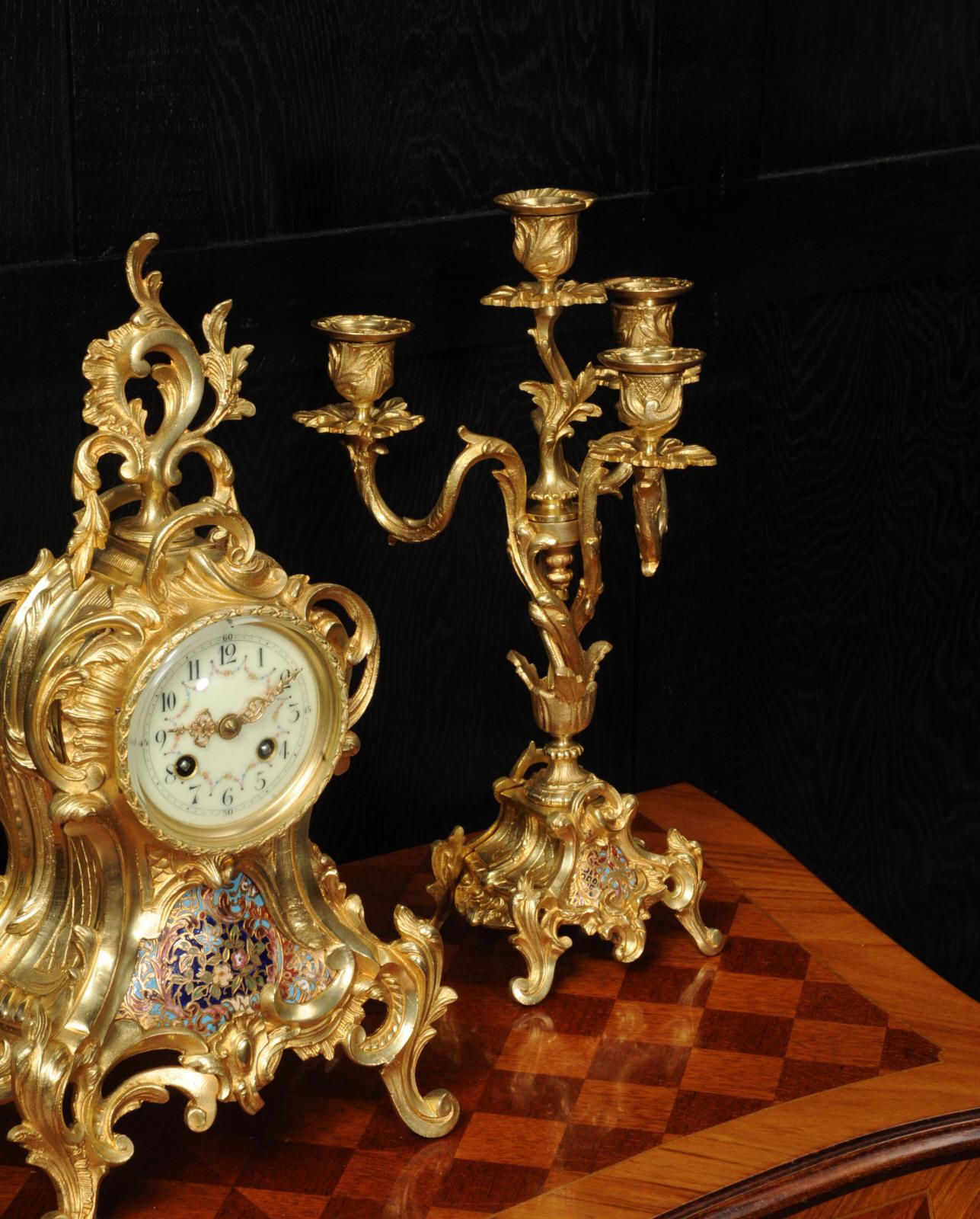 Cloisonné Enamel Mounted Antique French Gilt Bronze Clock Set 6