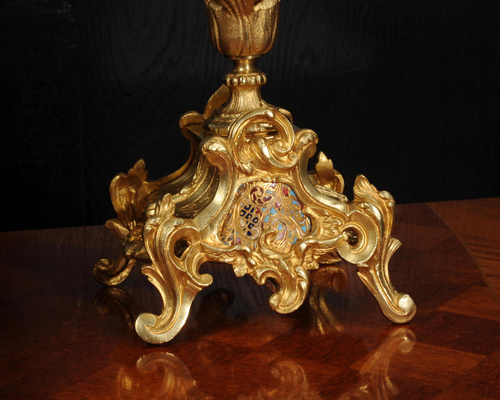 Cloisonné Enamel Mounted Antique French Gilt Bronze Clock Set 8