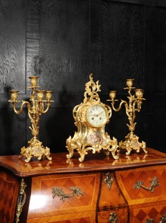 Cloisonné Enamel Mounted Antique French Gilt Bronze Clock Set