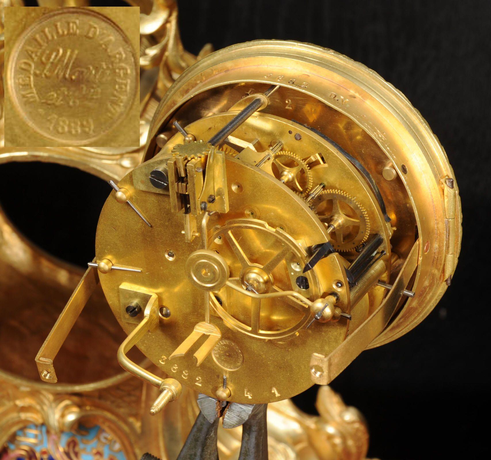 Cloisonné Enamel Mounted Antique French Gilt Bronze Clock Set 14