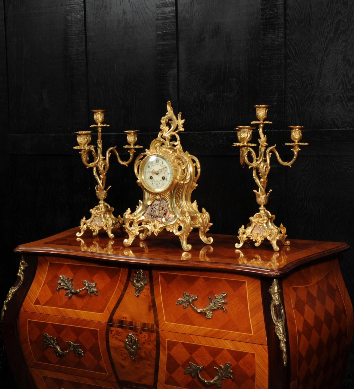 Rococo Cloisonné Enamel Mounted Antique French Gilt Bronze Clock Set