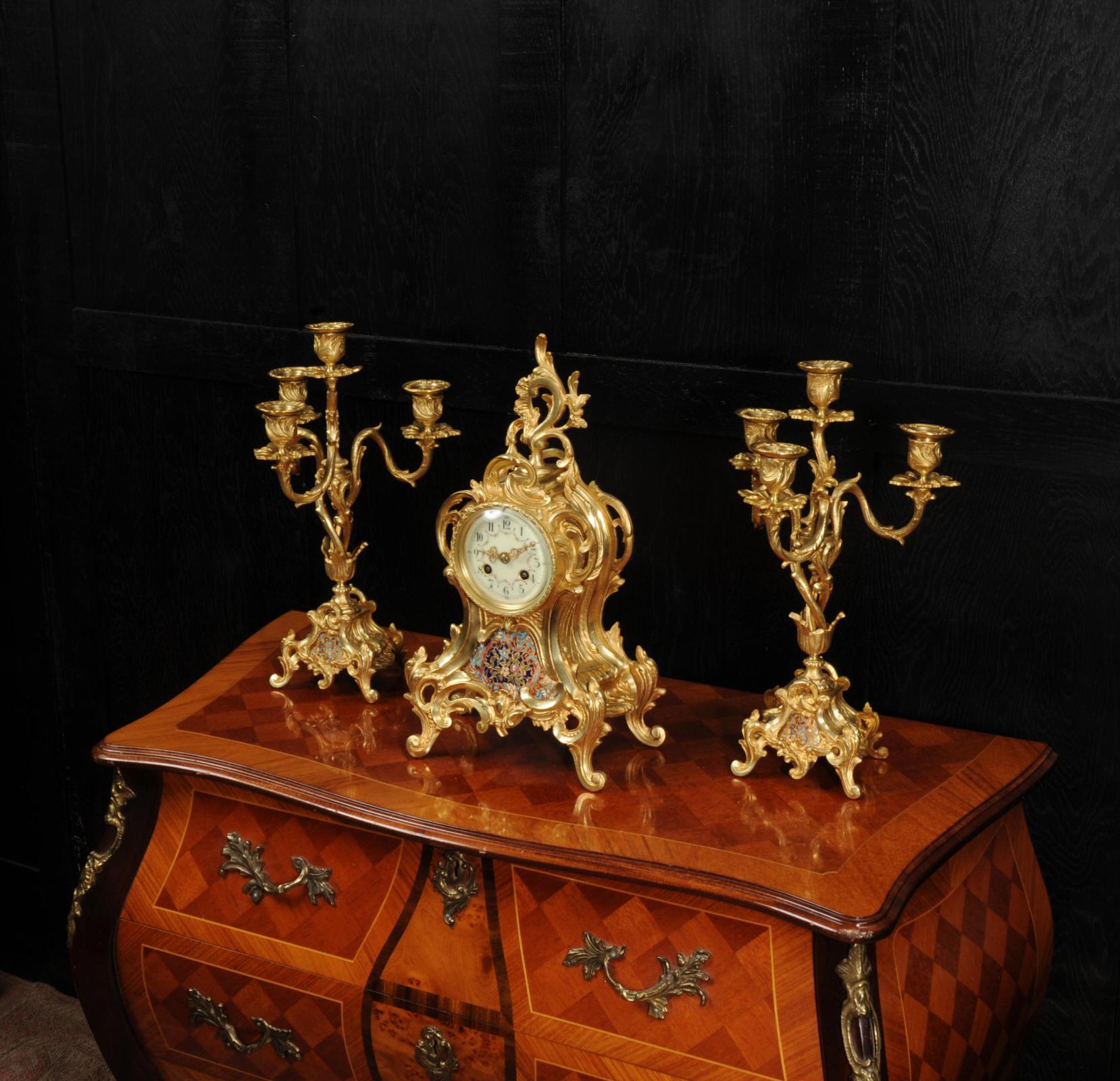 Champlevé Cloisonné Enamel Mounted Antique French Gilt Bronze Clock Set