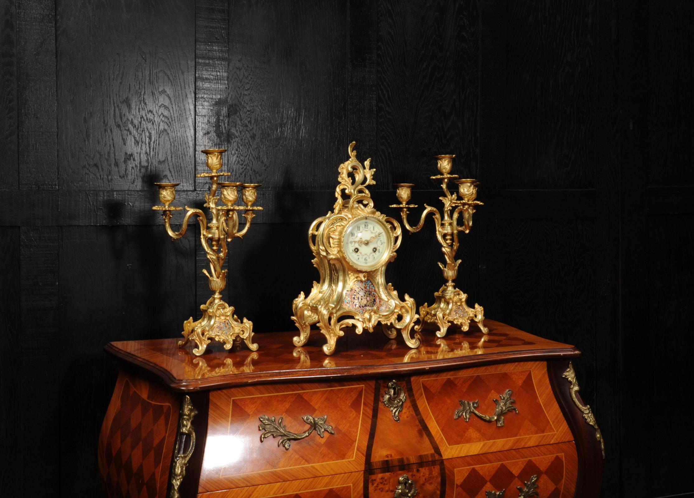 19th Century Cloisonné Enamel Mounted Antique French Gilt Bronze Clock Set
