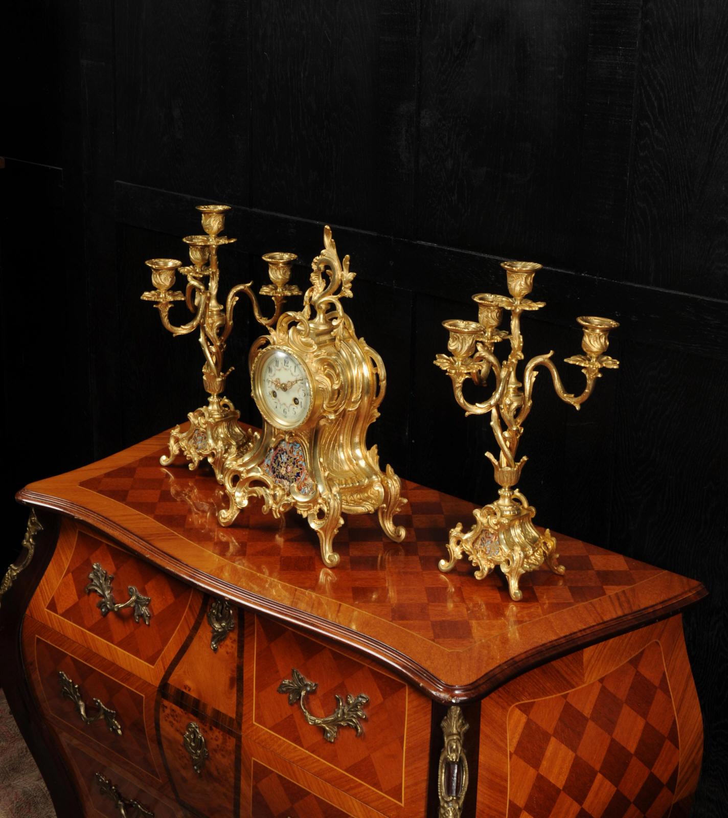 Cloisonné Enamel Mounted Antique French Gilt Bronze Clock Set 1