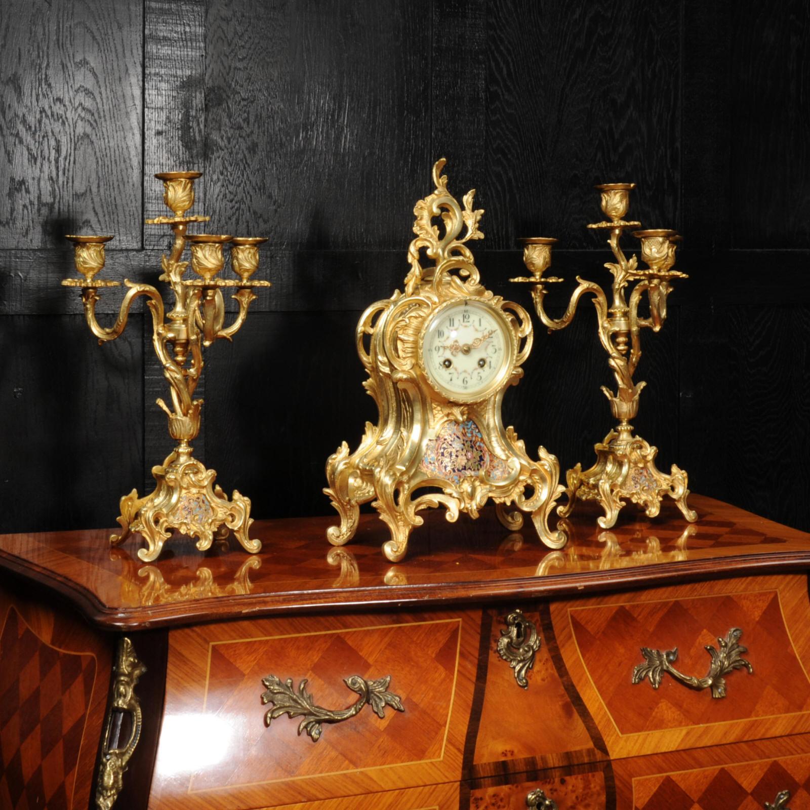 Cloisonné Enamel Mounted Antique French Gilt Bronze Clock Set 2