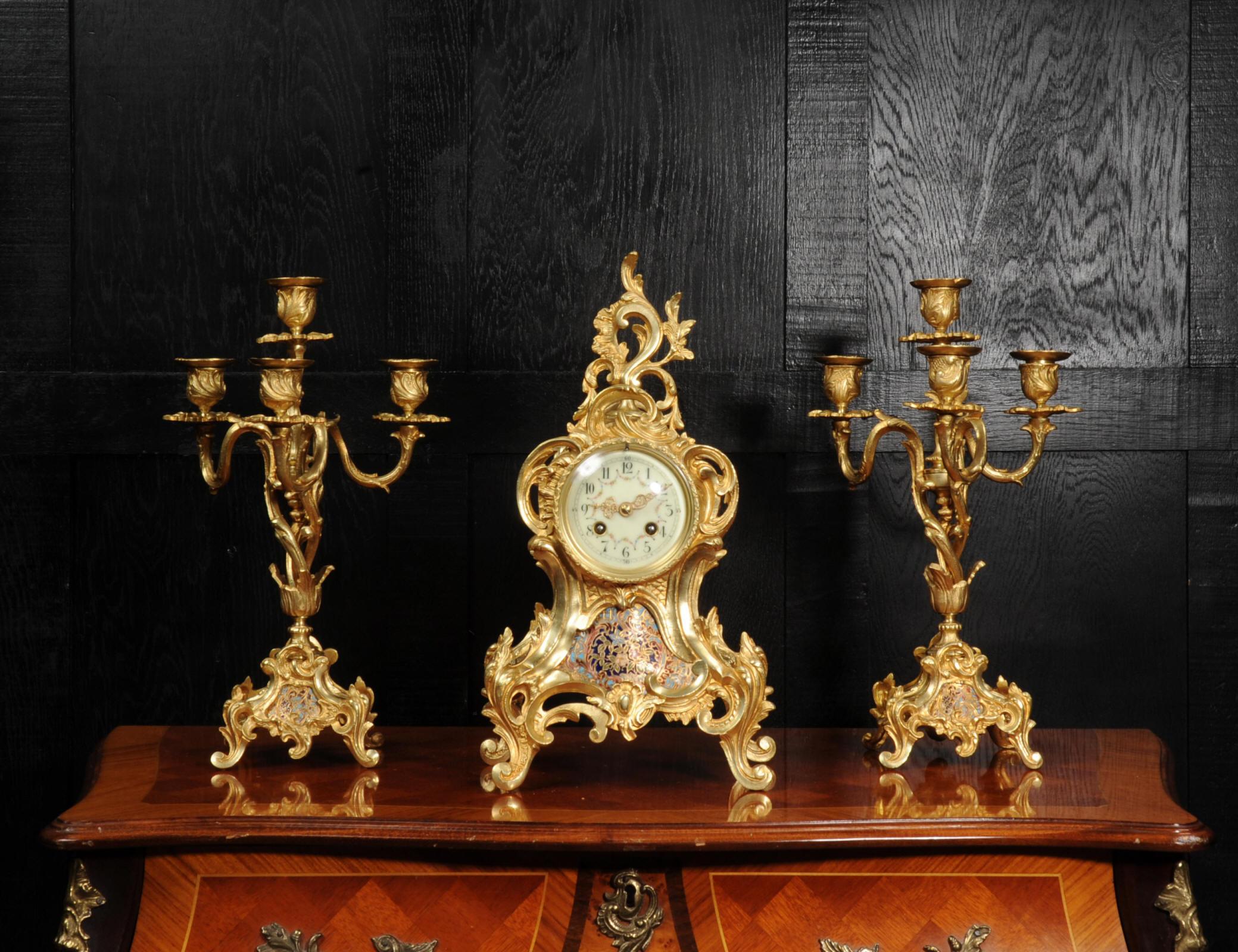 Cloisonné Enamel Mounted Antique French Gilt Bronze Clock Set 3