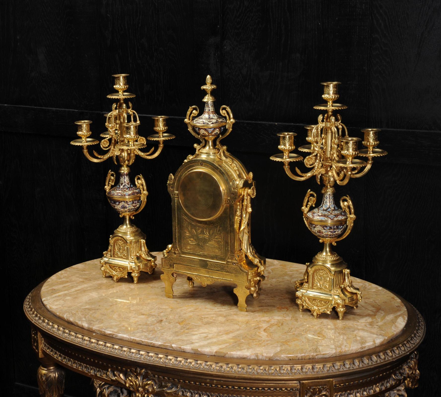 Cloisonné Enamel Mounted Ormolu Antique French Clock Set 5
