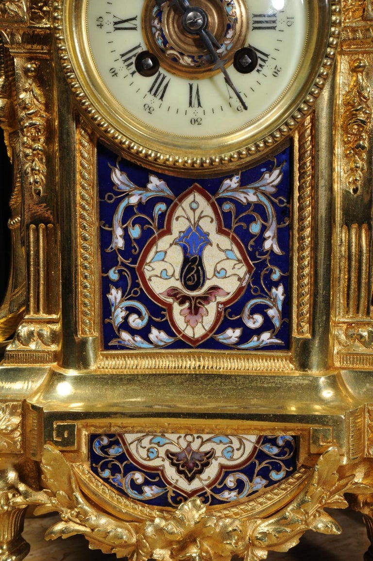 Cloisonné Enamel Mounted Ormolu Antique French Clock Set at 1stDibs