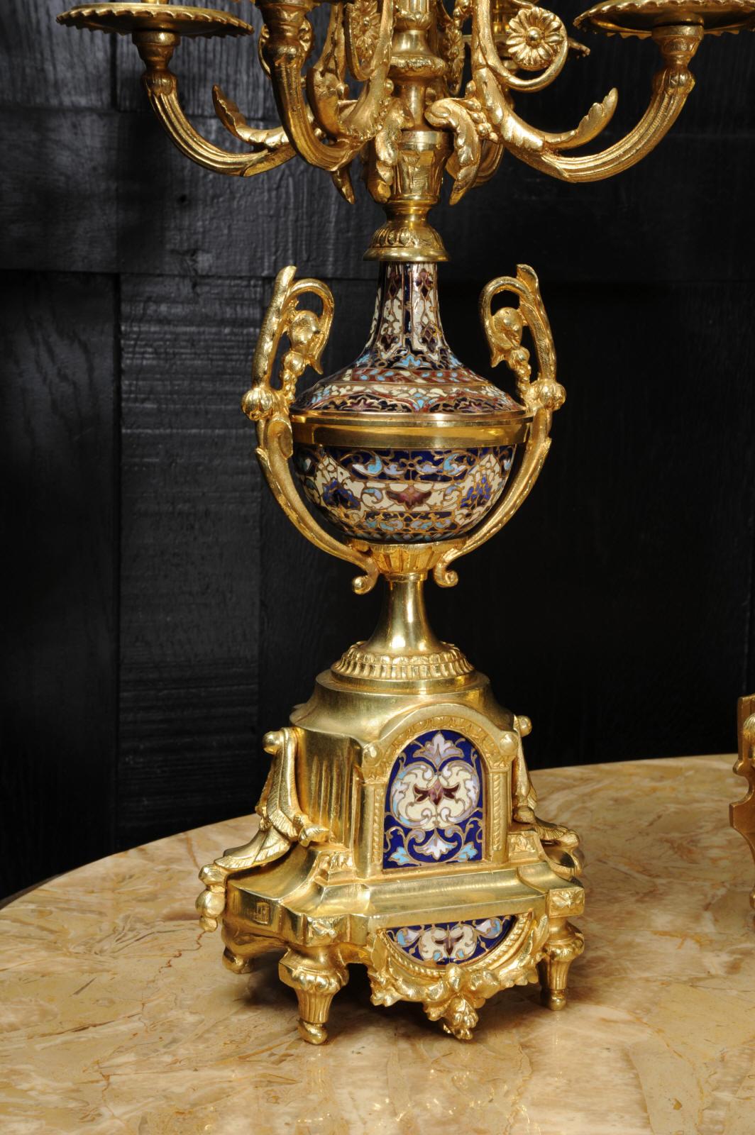 Cloisonné Enamel Mounted Ormolu Antique French Clock Set 9