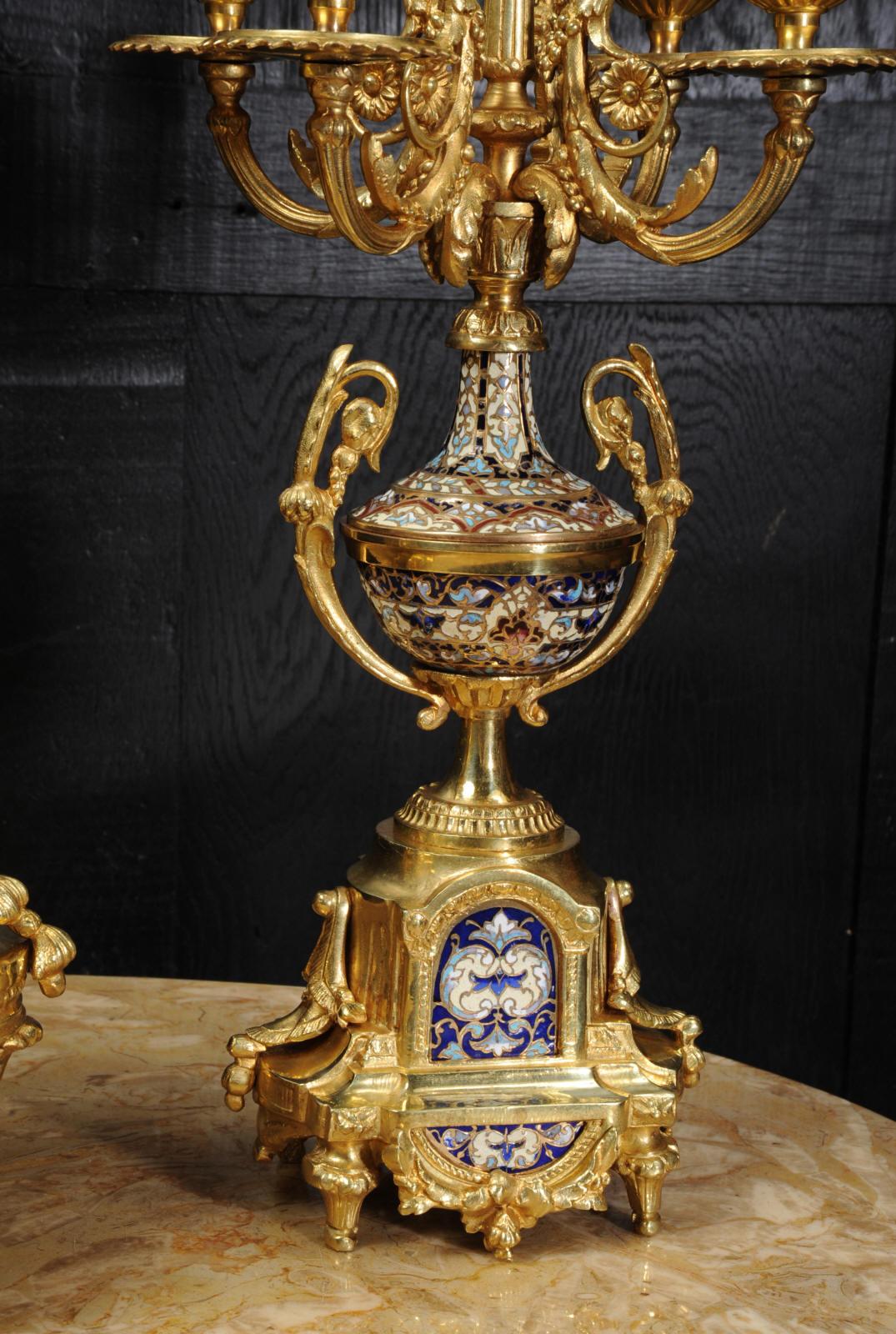 Cloisonné Enamel Mounted Ormolu Antique French Clock Set 10