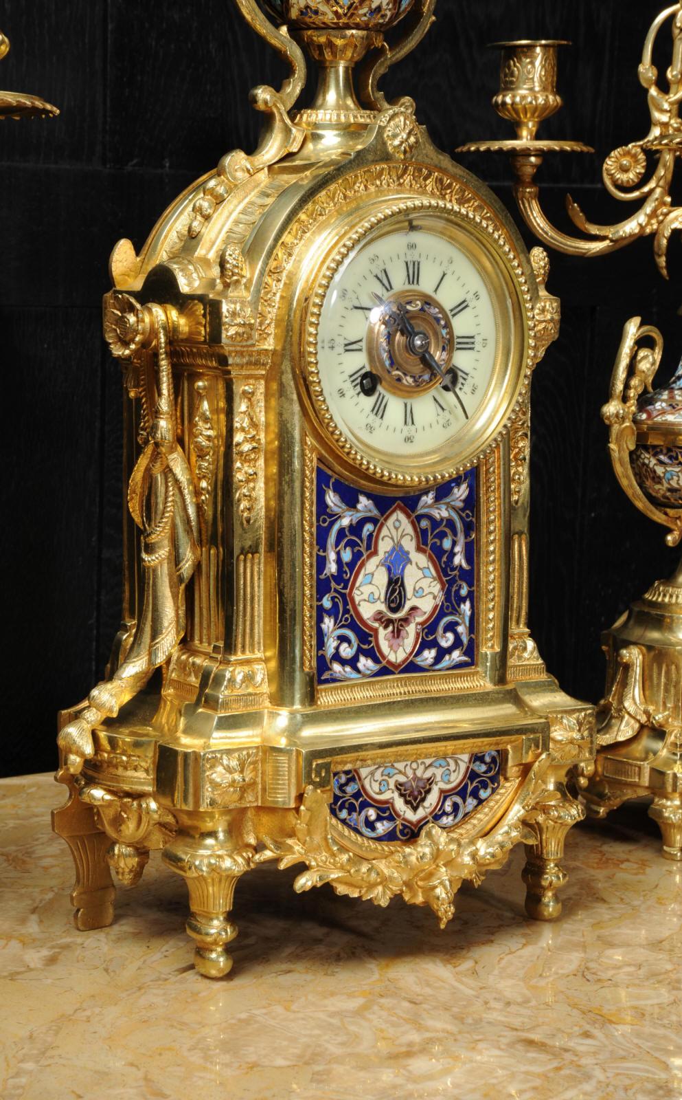 Cloisonné Enamel Mounted Ormolu Antique French Clock Set 11
