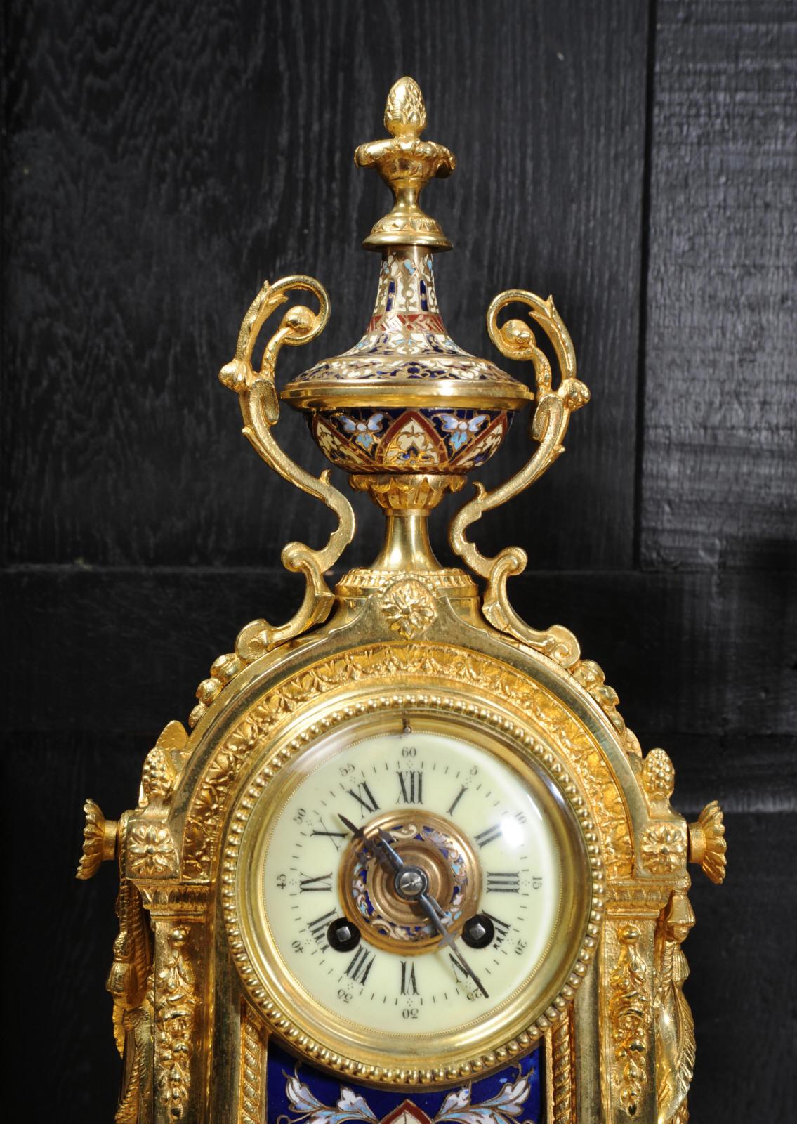 Cloisonné Enamel Mounted Ormolu Antique French Clock Set 12