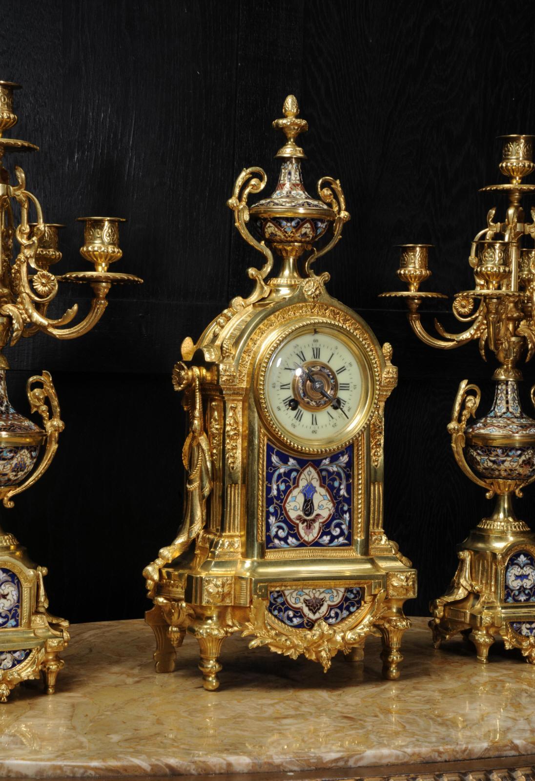 Cloisonné Enamel Mounted Ormolu Antique French Clock Set 13