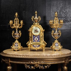 Cloisonné Enamel Mounted Ormolu Antique French Clock Set