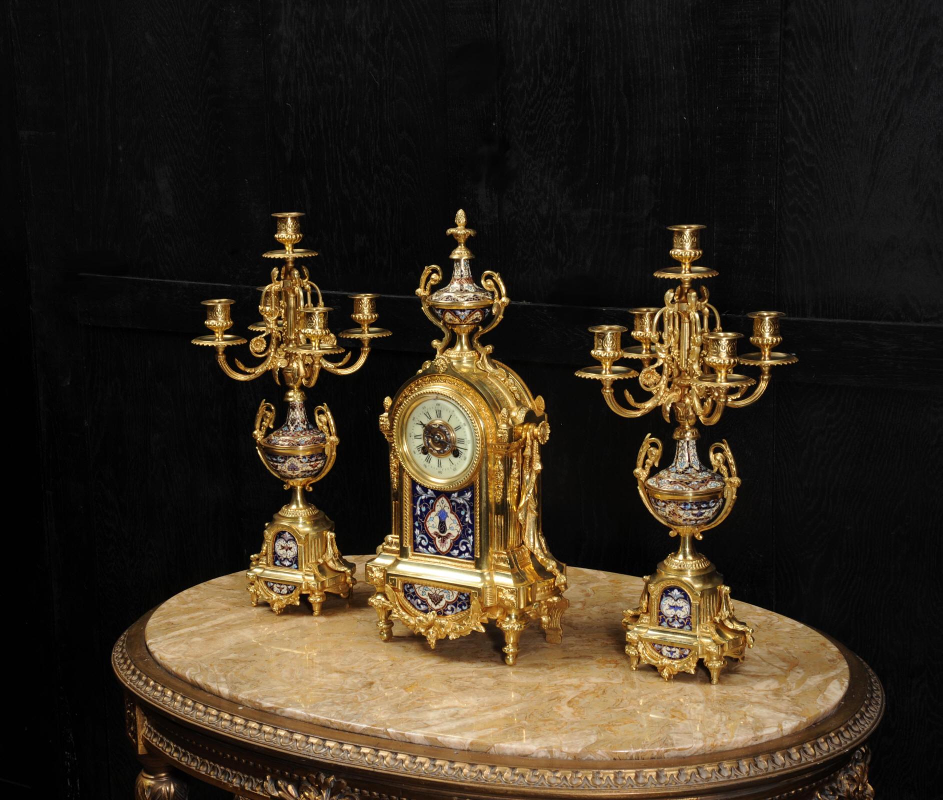 Louis XVI Cloisonné Enamel Mounted Ormolu Antique French Clock Set