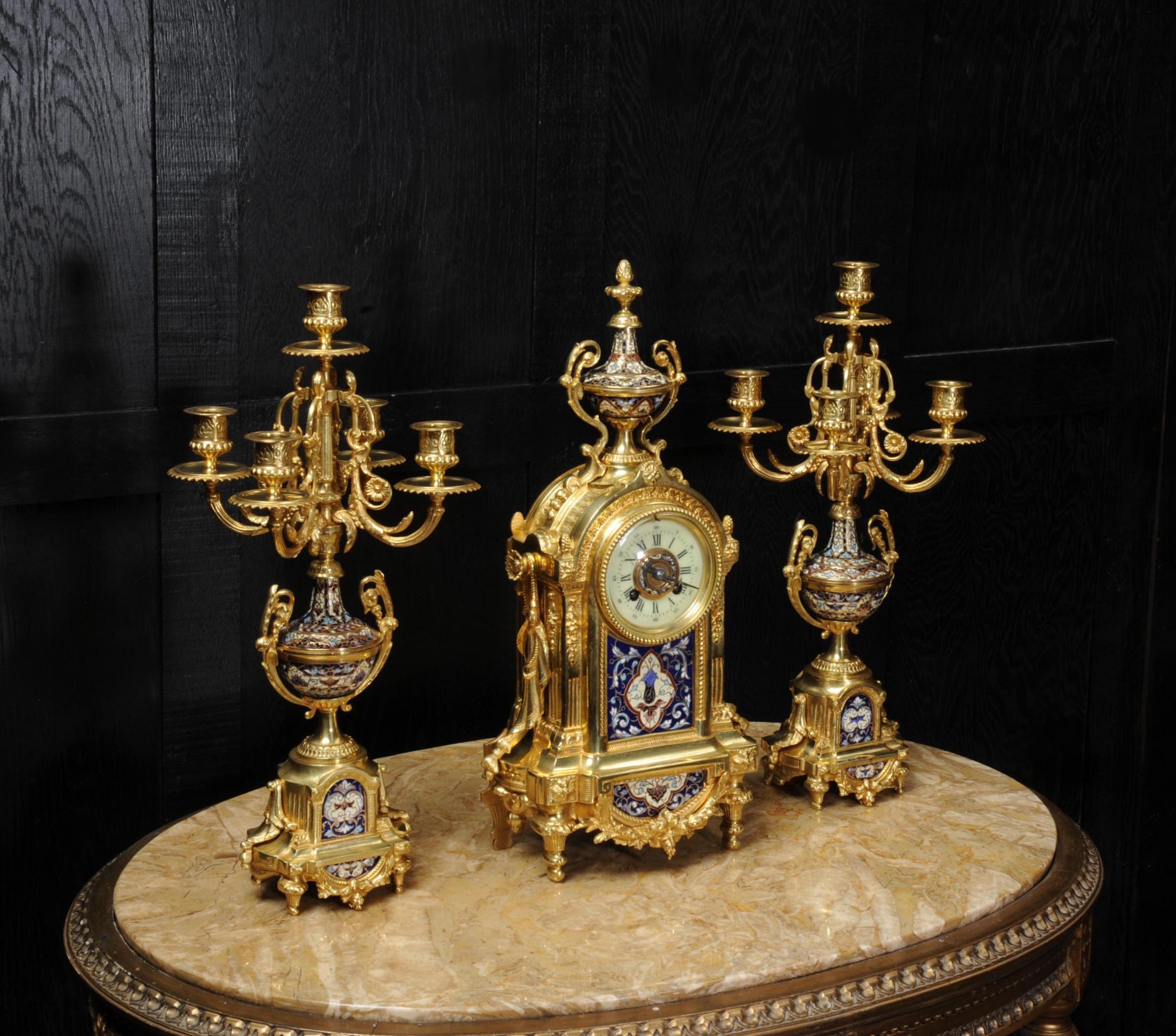 Champlevé Cloisonné Enamel Mounted Ormolu Antique French Clock Set