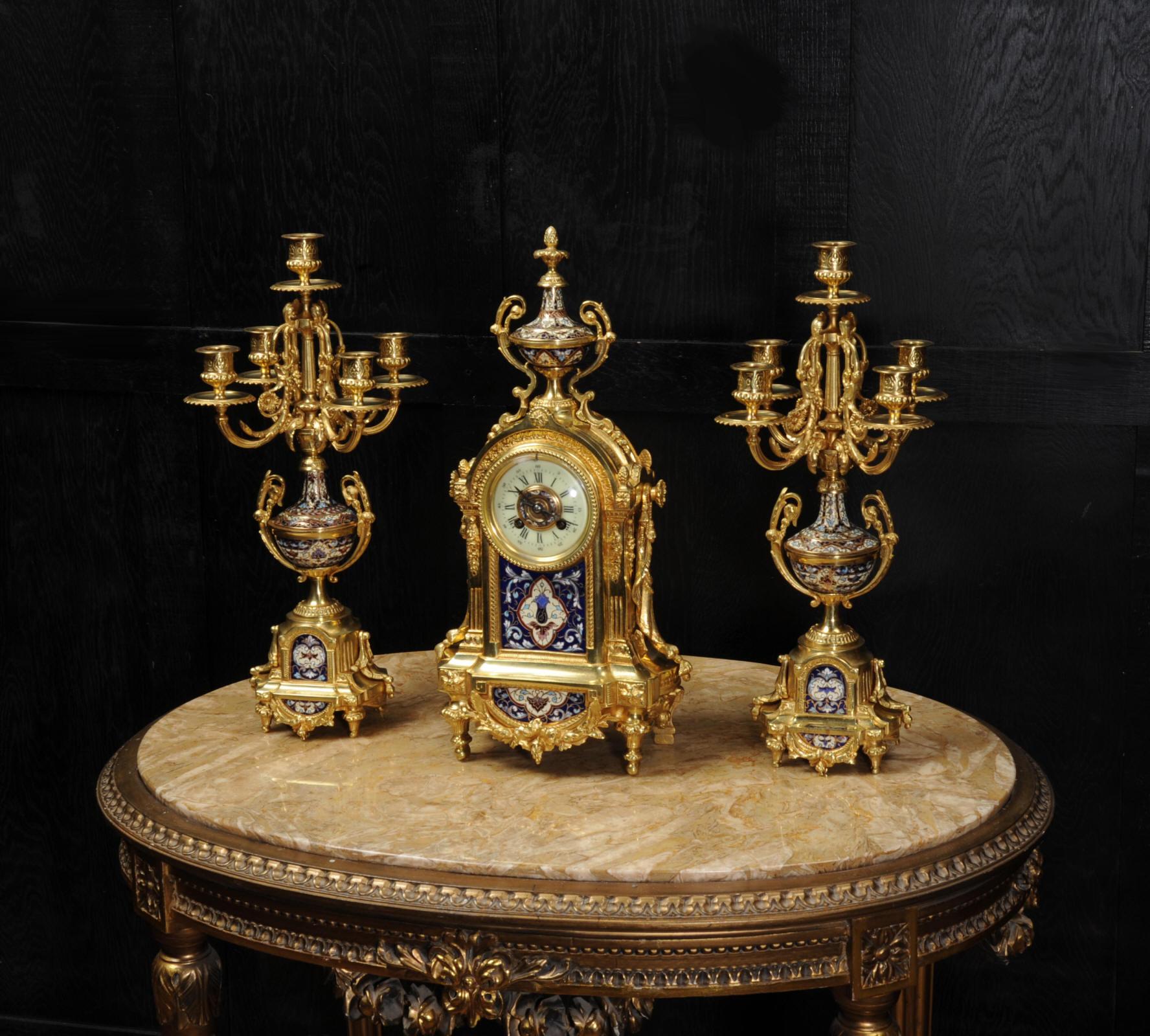 Cloisonné Enamel Mounted Ormolu Antique French Clock Set In Good Condition In Belper, Derbyshire