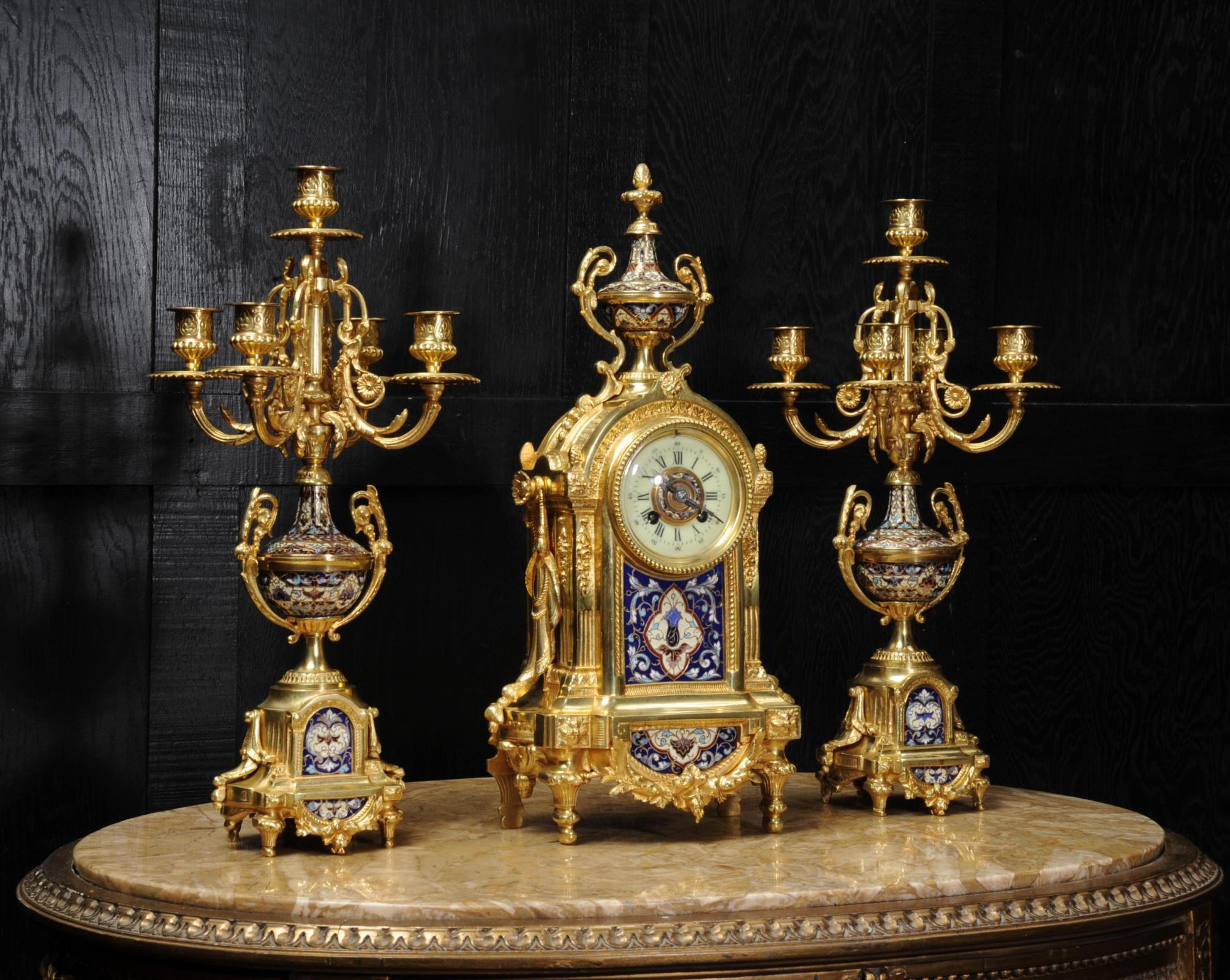 19th Century Cloisonné Enamel Mounted Ormolu Antique French Clock Set