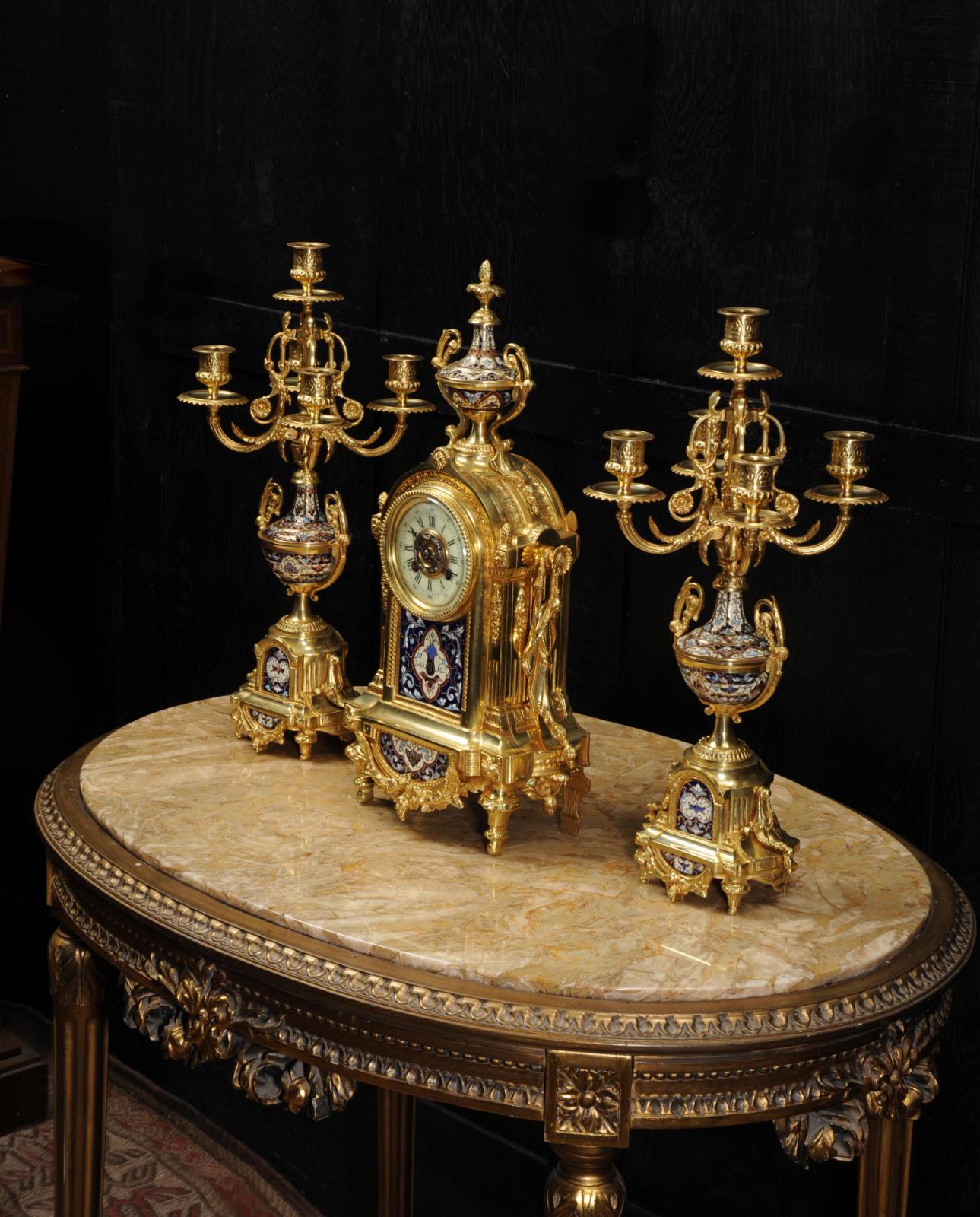 Cloisonné Enamel Mounted Ormolu Antique French Clock Set 1