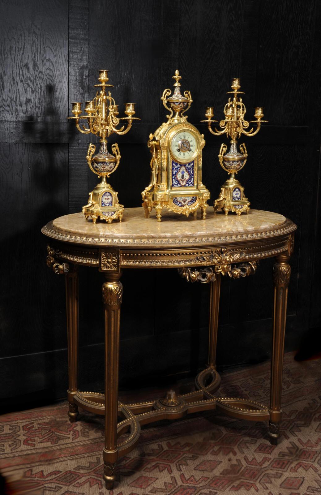 Cloisonné Enamel Mounted Ormolu Antique French Clock Set 2